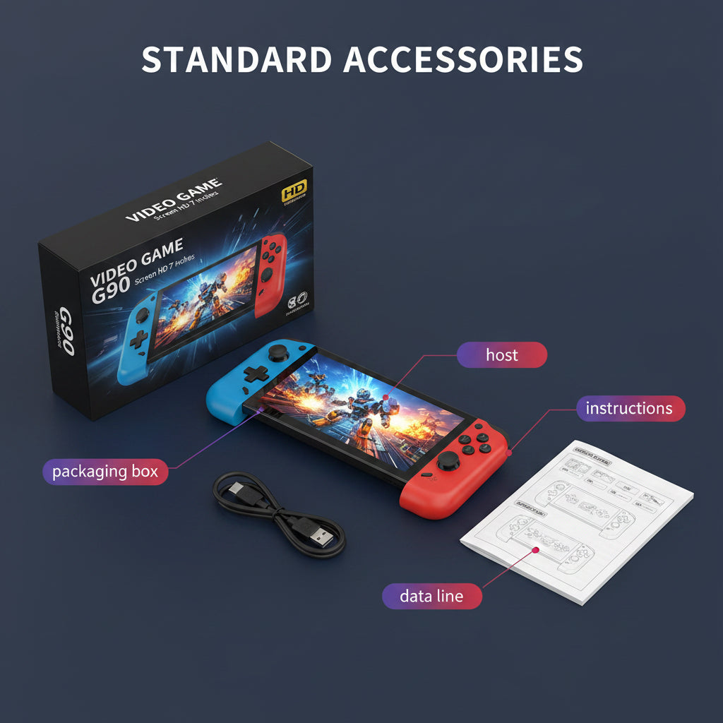 G90 Handheld Retro Video Game Console – 7-Inch HD Large Screen Portable Gaming Player with Neon Blue & Red Controllers