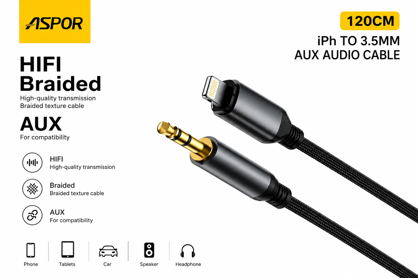 Aspor Lightning to 3.5mm AUX Cable 120CM – HiFi Braided for iPhone & Car