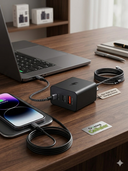 65W PD Power Adapter Trio – Fast Charging Wall Charger (2x USB-C, 1x USB-A) with Cable