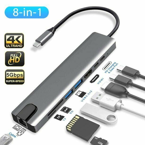 8-in-1 USB-C Multifunction Hub Adapter – 4K HDMI, RJ45, USB 3.0 & SD/TF Card Reader