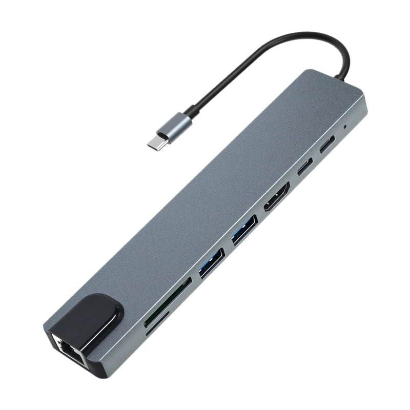 8-in-1 USB-C Multifunction Hub Adapter – 4K HDMI, RJ45, USB 3.0 & SD/TF Card Reader