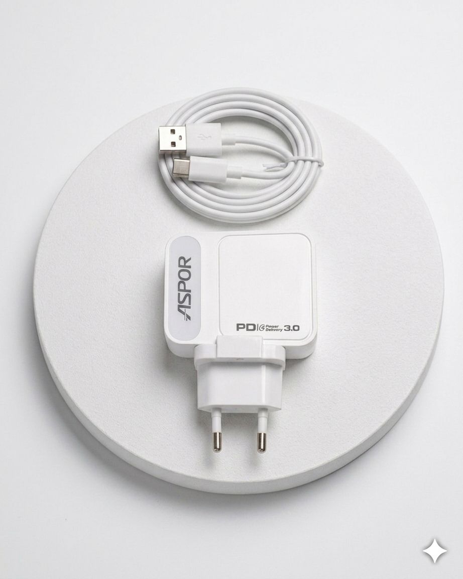 ASPOR PD 3.0 Fast Charger Adapter with Type-C Cable – White