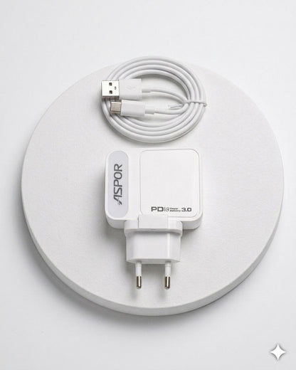 ASPOR PD 3.0 Fast Charger Adapter with Type-C Cable – White