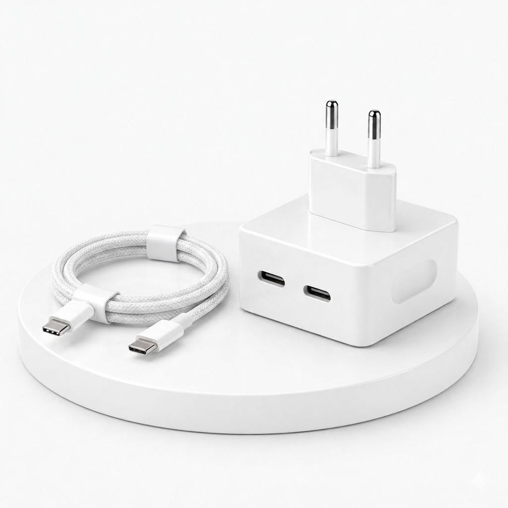 50W Dual USB-C Fast Charger Adapter with USB-C to USB-C Cable – White