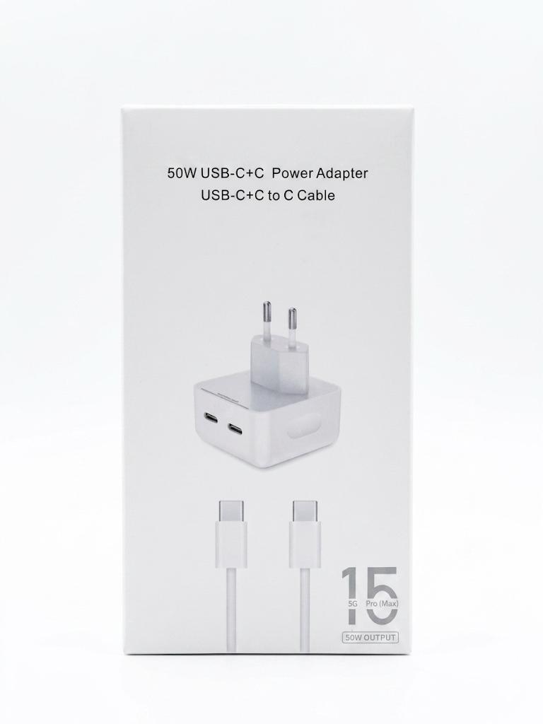 50W Dual USB-C Fast Charger Adapter with USB-C to USB-C Cable – White