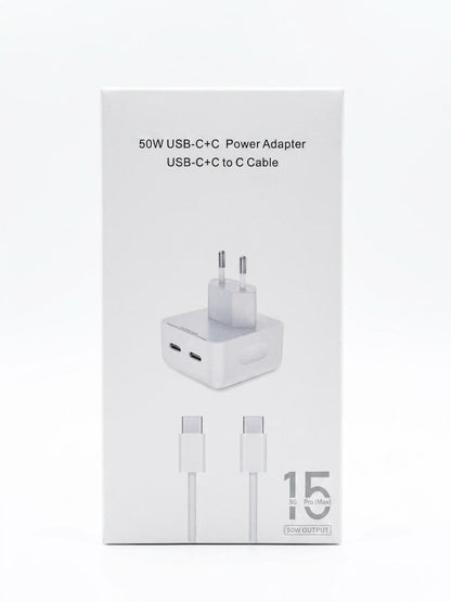 50W Dual USB-C Fast Charger Adapter with USB-C to USB-C Cable – White
