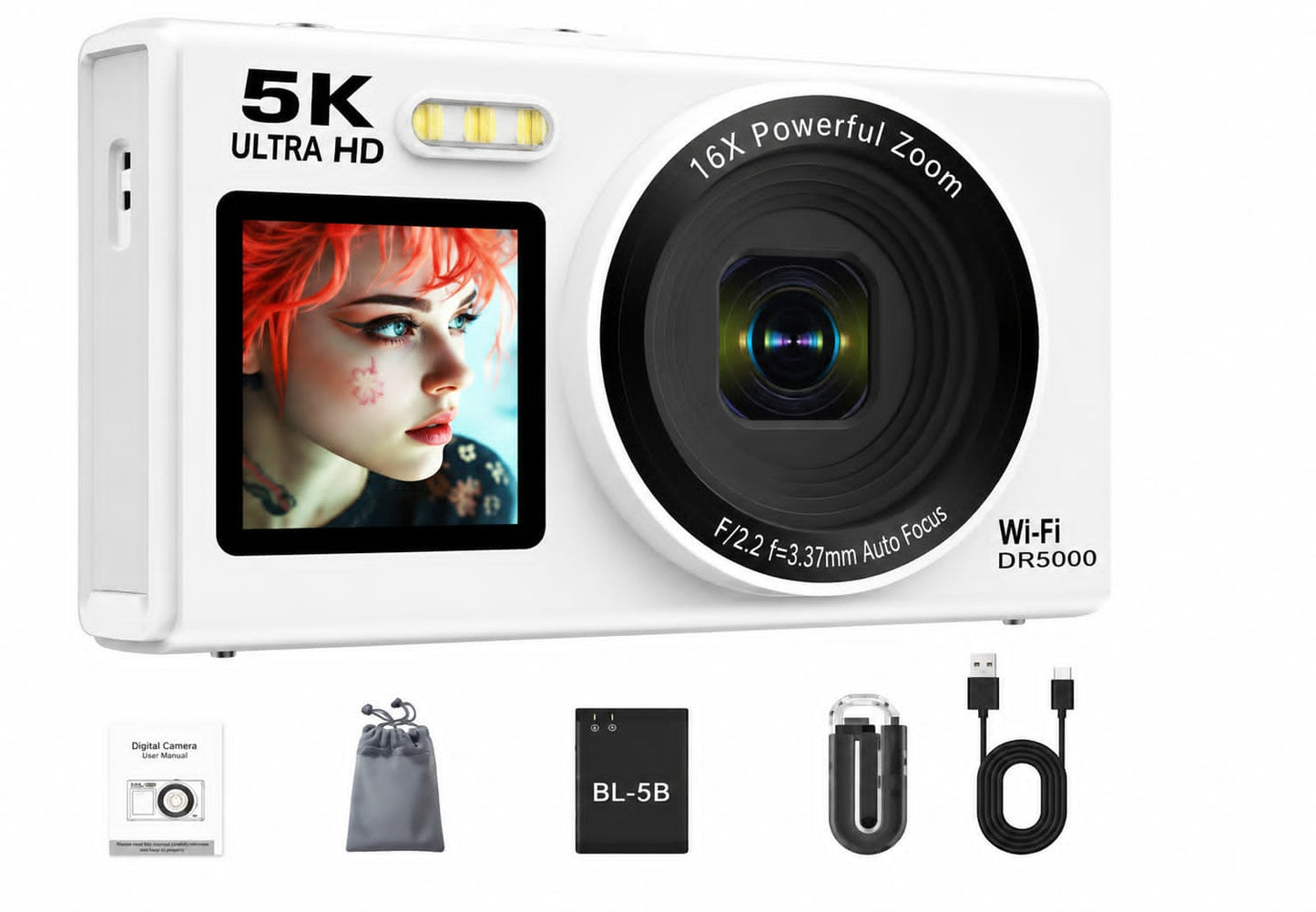 5K Ultra HD Digital Camera with Wi-Fi & 16X Zoom – DR5000 Compact Vlog Camera (White)