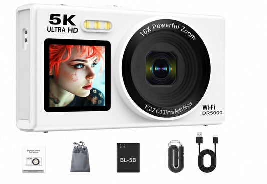 5K Ultra HD Digital Camera with Wi-Fi & 16X Zoom – DR5000 Compact Vlog Camera (White)