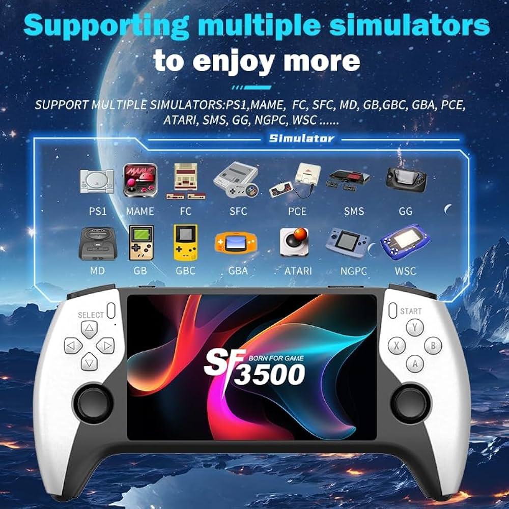 SF3500 Handheld Retro Game Console – 5-Inch Large FHD Screen Portable Game Player with Ergonomic Grips, White & Black