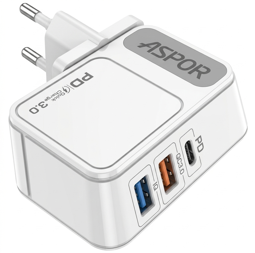 ASPOR PD 3.0 Fast Charger Adapter with Type-C Cable – White