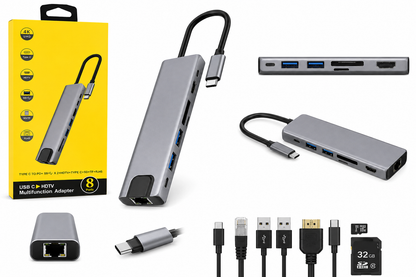 8-in-1 USB-C Multifunction Hub Adapter – 4K HDMI, RJ45, USB 3.0 & SD/TF Card Reader
