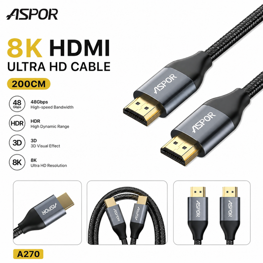 Aspor A270 8K HDMI to HDMI Digital HD Cable 2M – Ultra HD High-Speed HDMI Cable