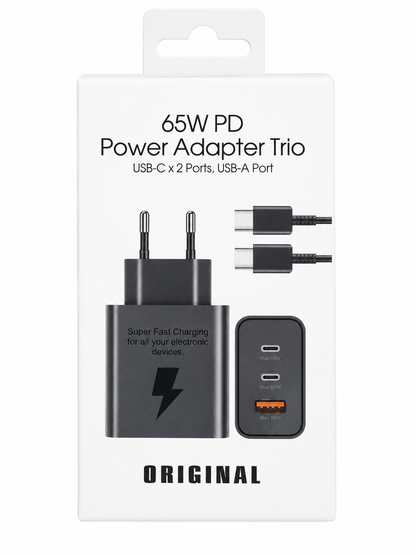 65W PD Power Adapter Trio – Fast Charging Wall Charger (2x USB-C, 1x USB-A) with Cable