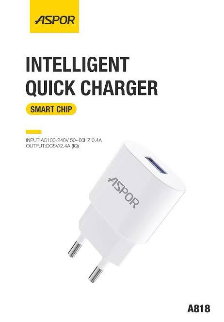 ASPOR 2.4A Smart iPhone Charger Adapter with Cable – Fast Charging USB Wall Charger